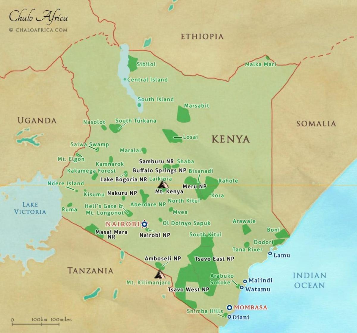 карта Кении национальные парки и заповедники